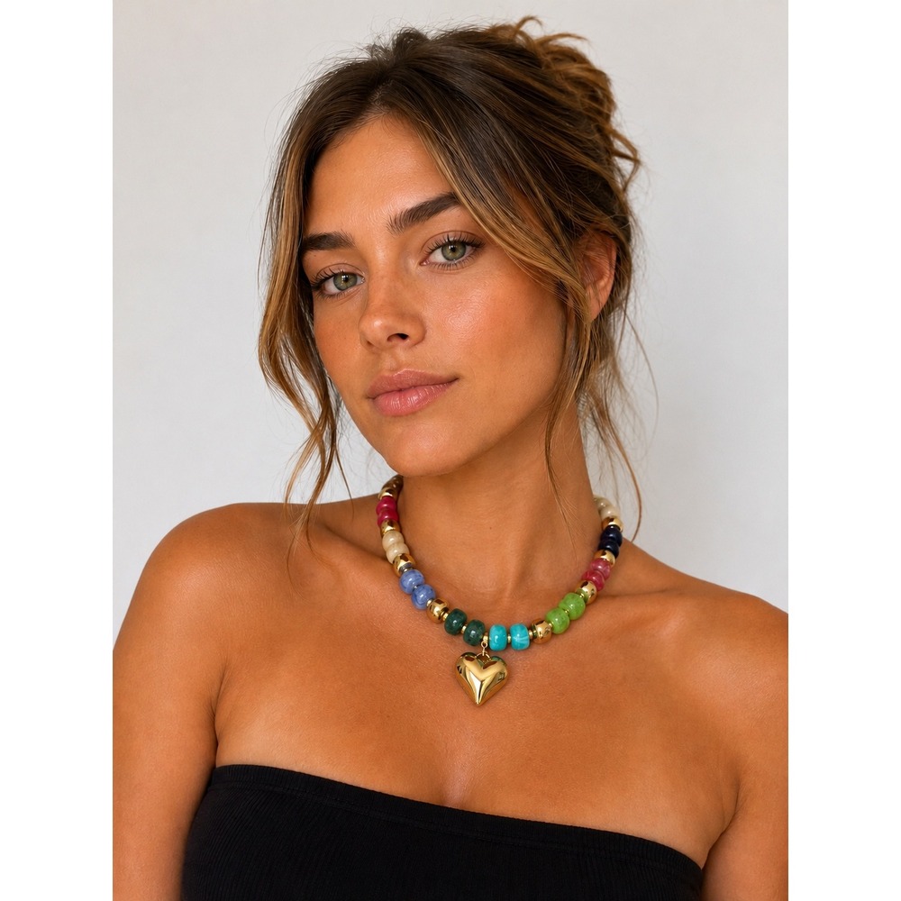 New Colorful Acrylic Beaded Heart Pendant Necklace‎ Gold Tone Statement 17 Inch